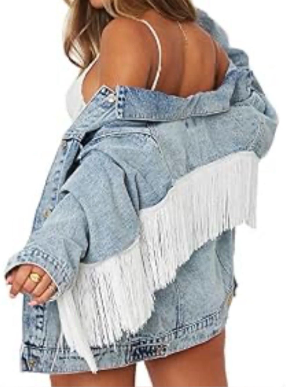 Oversized Fringed Denim Jacket - Blue with White Fringe